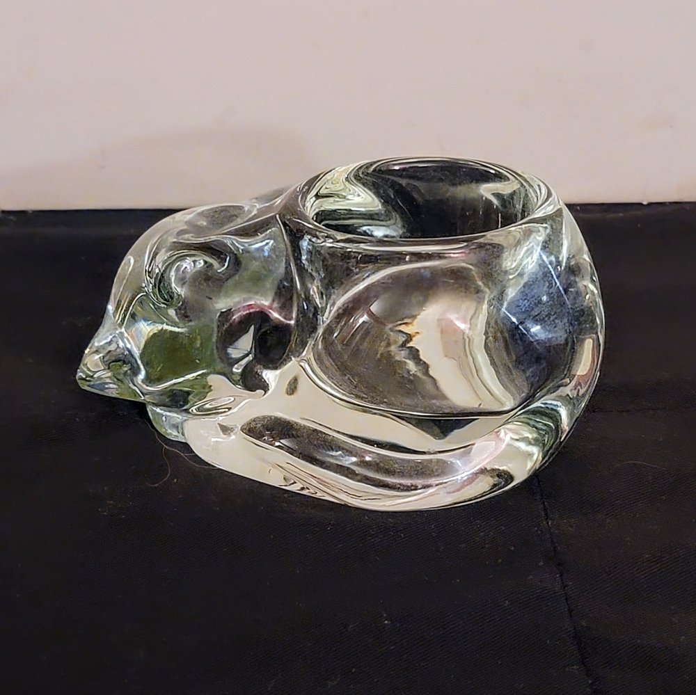 Sleeping Cat Heavy Art Glass Votive Candle Holder Clear Sculptural Kitty